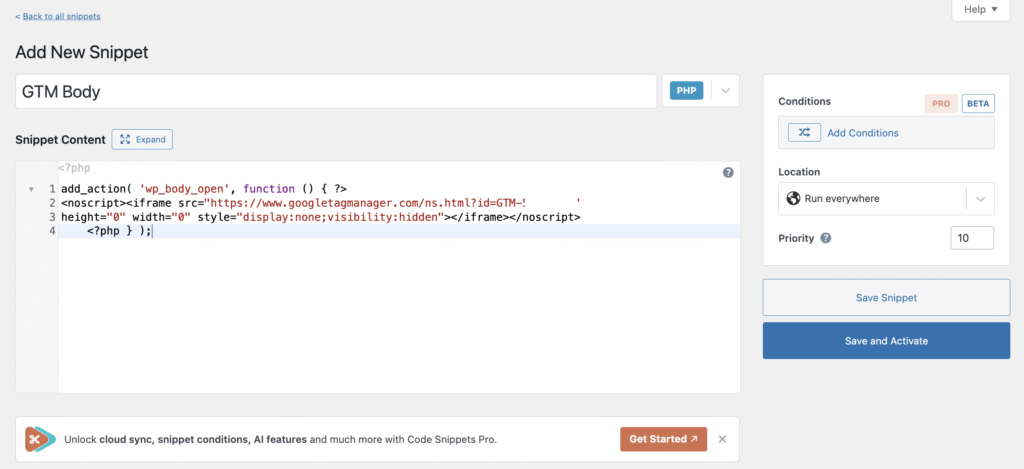Adding a new Google Tag Manager noscript using Code Snippet plugin