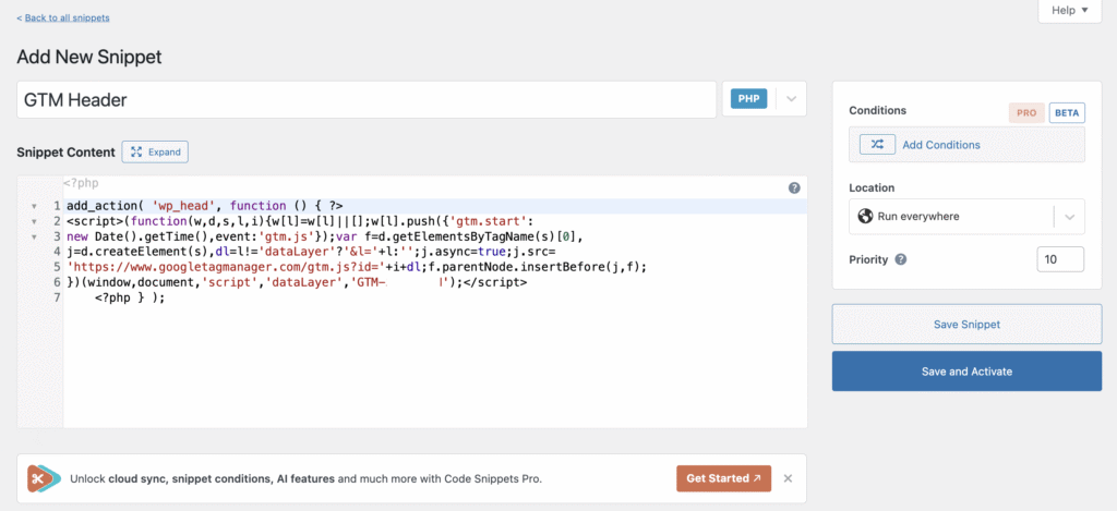 Adding a new Google Tag Manager script using Code Snippet plugin