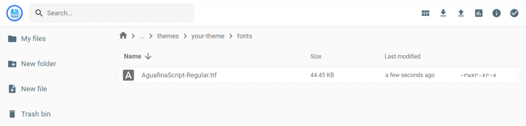 The File Manager on hPanel, showing where the AguafinaScript-Regular.ttf file is in the your-theme folder in wp-content