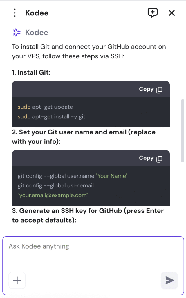 Kodee VPS AI assistant writes commands for installing and configuring Git on Ubuntu