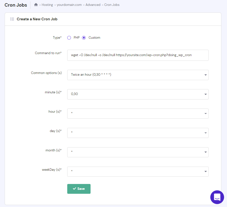 The Create a New Cron Job screen on hPanel