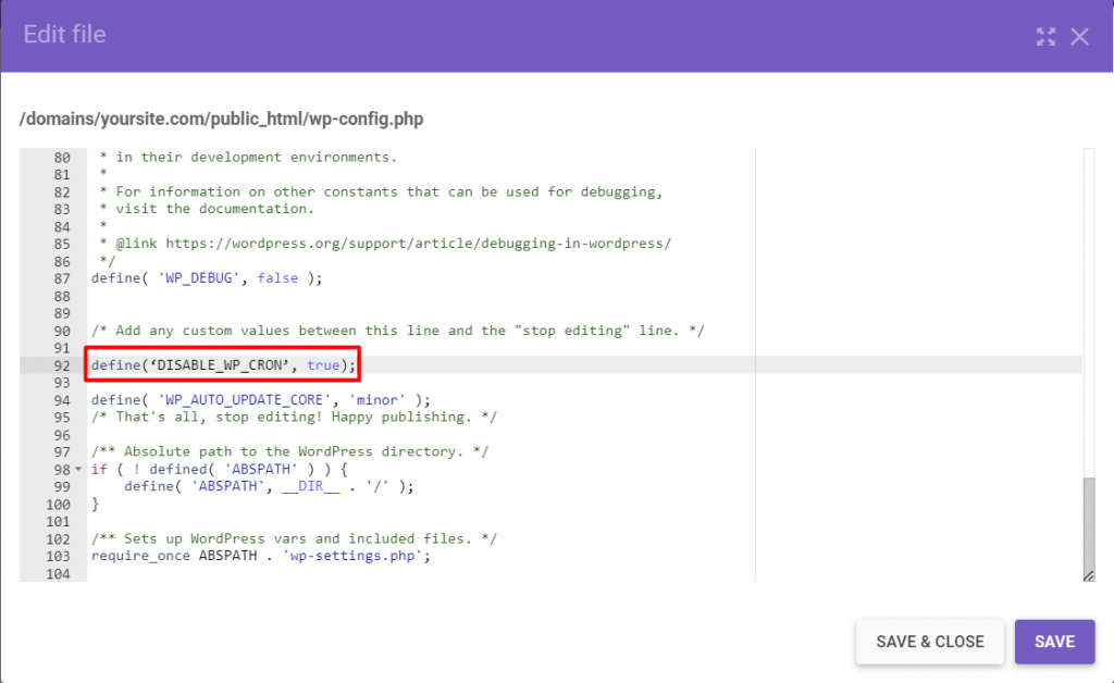 The contents of the wp-config.php file with the define(‘DISABLE_WP_CRON’, true); code snippet added