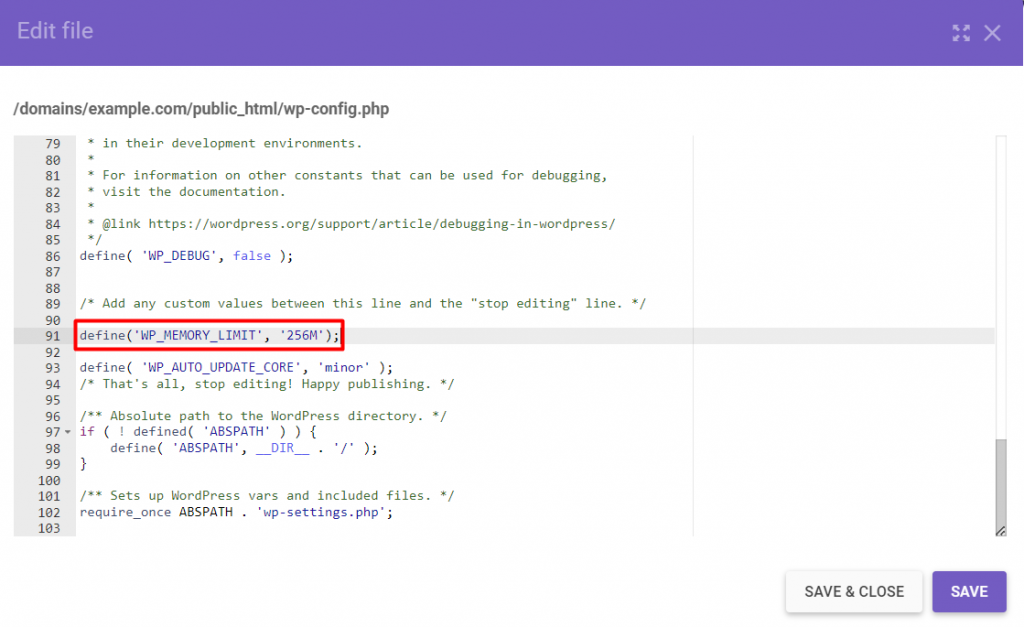 The contents of the wp-config.php file with the define('WP_MEMORY_LIMIT', '256M') code snippet added