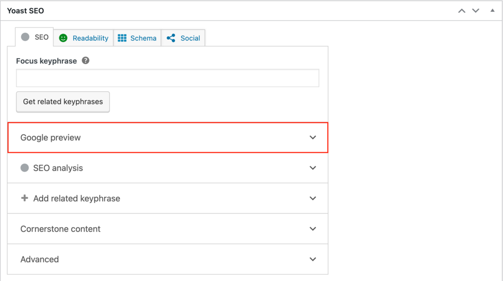 Yoast SEO Google Preview drop down section