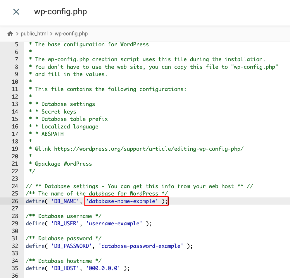 Hostinger's File Manager editor, highlighting the database name in wp-config