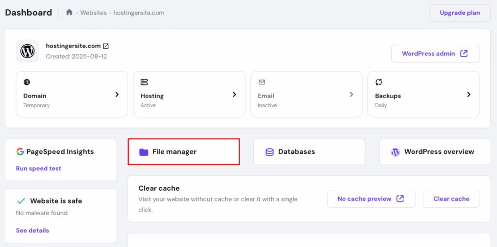 hPanel dashboard, highlighting access to File Manager
