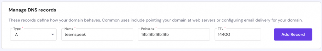 New A record creation window on hPanel