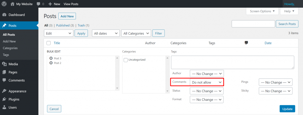 The Posts page on the WordPress admin panel, showing how to disable the comments
