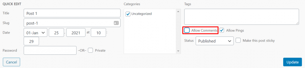 The Posts page on the WordPress admin panel, showing where to enable Allow Comments
