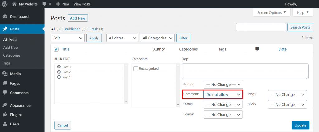 The Posts page on the WordPress admin panel, showing how to disable the comments