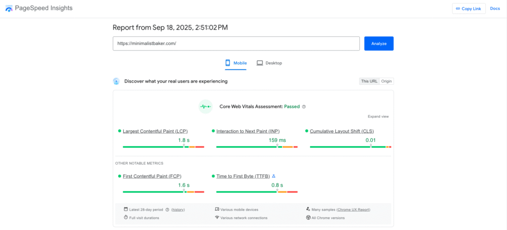 Google PageSpeed Insights test results