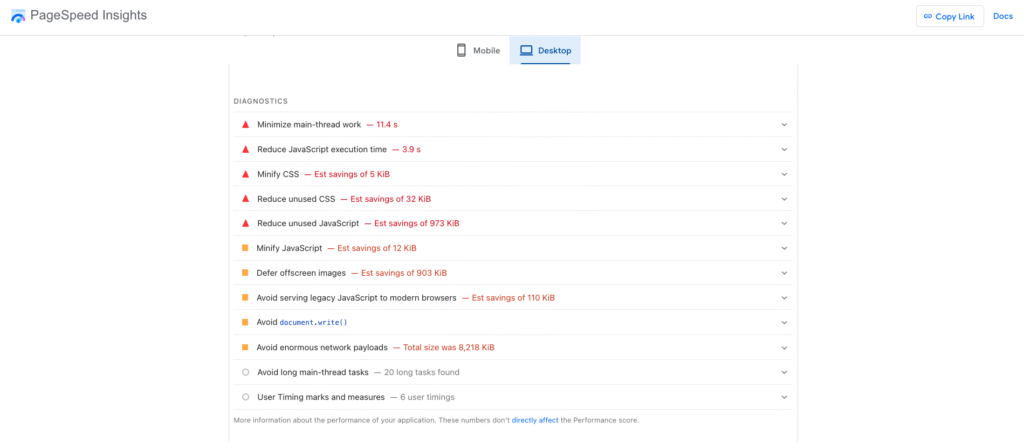 Google PageSpeed Insights suggesting actionable improvements