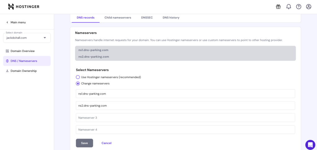Changing nameservers in hPanel domain overview page