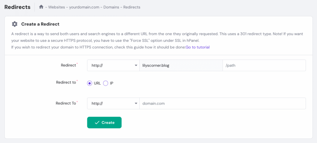 Hostinger redirect feature in hPanel