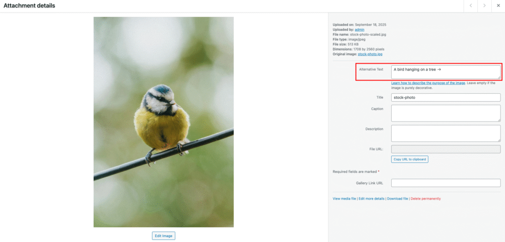 Adding an alt text in the WordPress media library