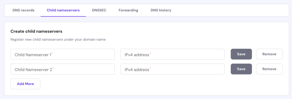 The child nameserver panel on hPanel's DNS Zone Editor