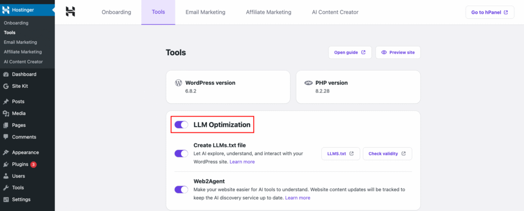 Hostinger's LLM Optimization feature in WordPress