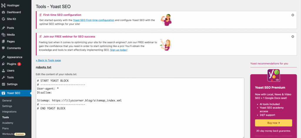 Creating a robot.txt file with Yoast SEO plugin