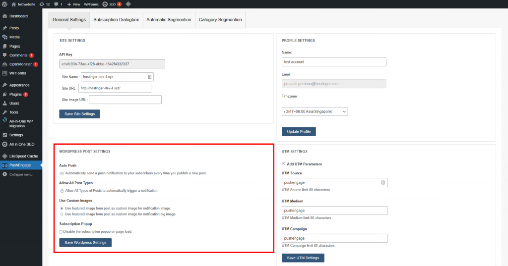 PushEngage General Settings page