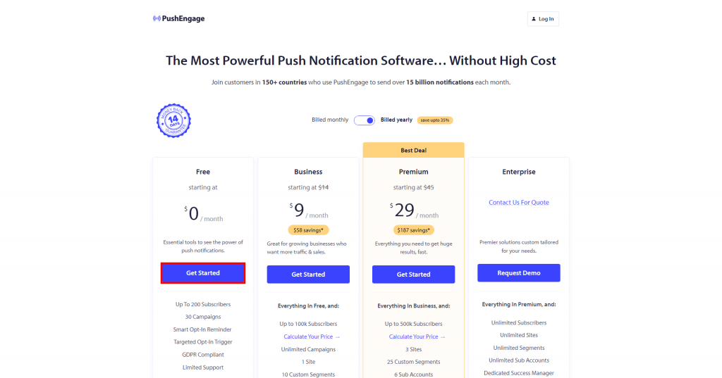 PushEngage pricing plans