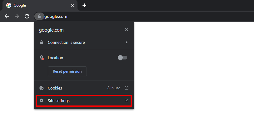 Site settings menu on Google Chrome
