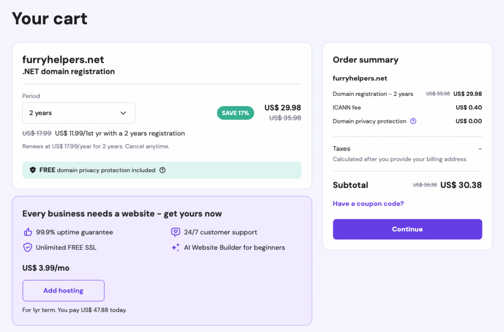 Hostinger cart page, checking out a domain