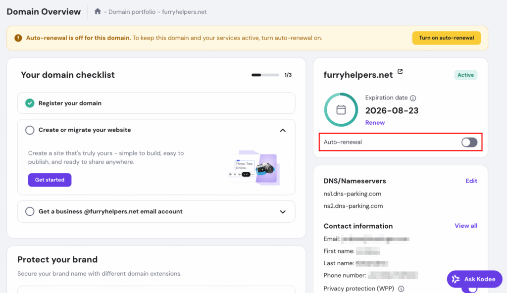 Hostinger Domain Overview page