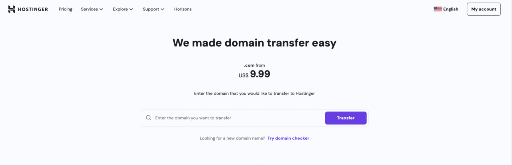 Hostinger domain transfer landing page
