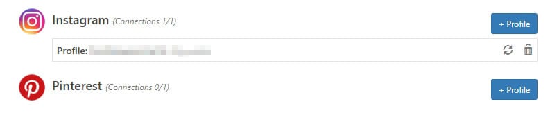 Une liste de comptes de médias sociaux connectés.