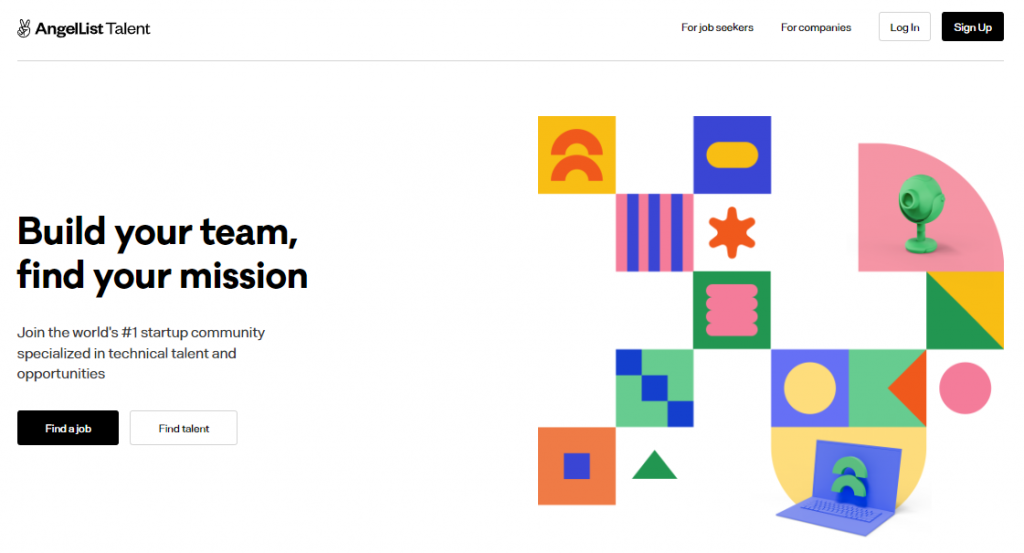 The homepage of AngelList Talent, a startup and remote job search website.