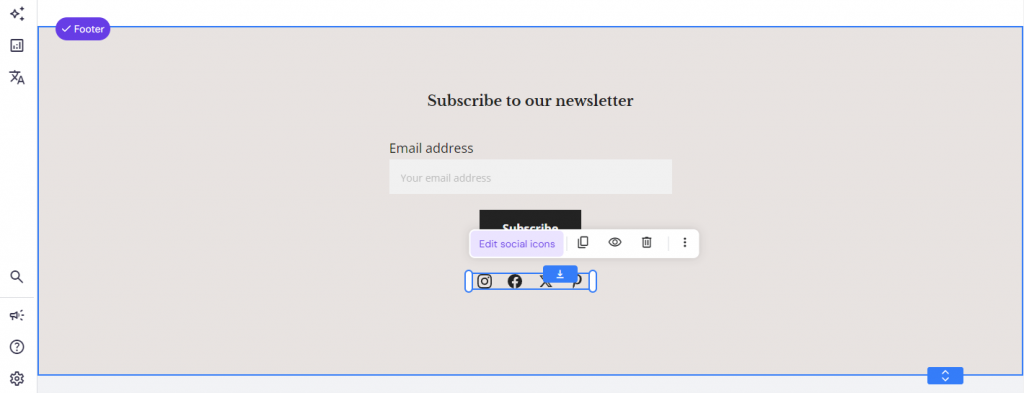 Hostinger Website-Baukasten-Benutzeroberfläche mit "Social-Icons bearbeiten" hervorgehoben