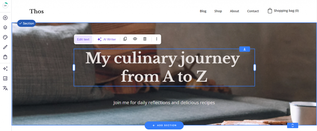 Hostinger Website-Baukasten-Benutzeroberfläche mit "Text bearbeiten" hervorgehoben