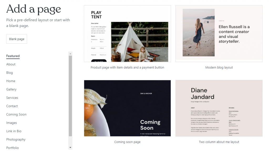 WordPress.com new page interface, showing the block pattern options to start with