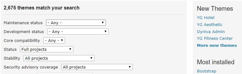 Search options on the Drupal theme directory