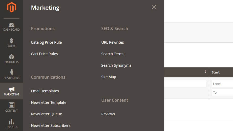 Magento's Marketing tab.