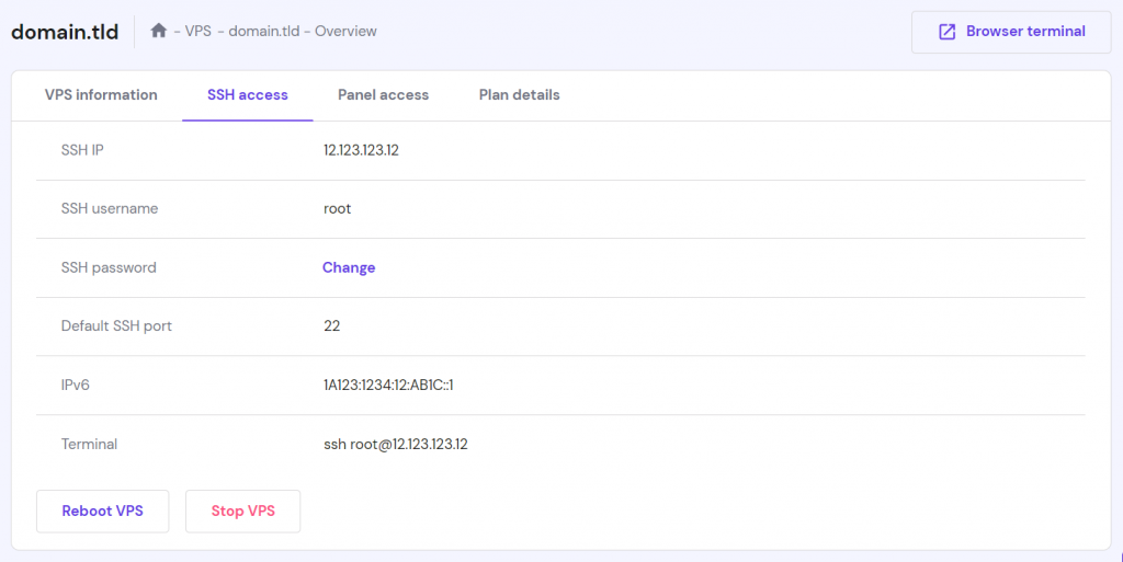 VPS SSH login credentials in hPanel