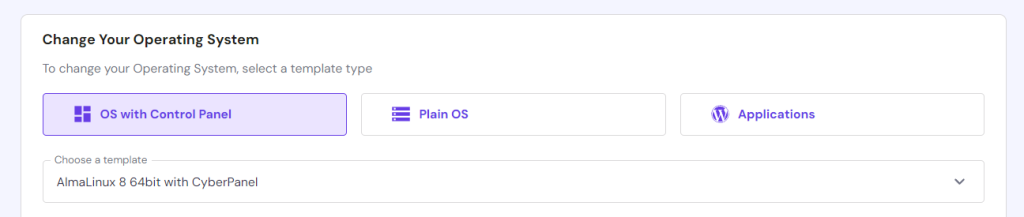 The AlmaLinux with Cyberpanel template in hPanel