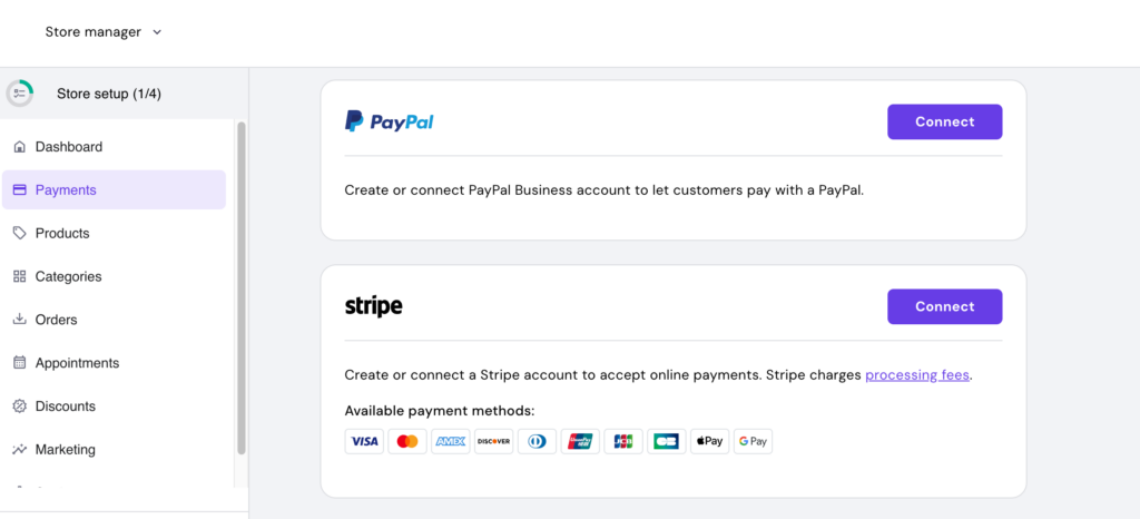 Hostinger Website Builder online store payments management page