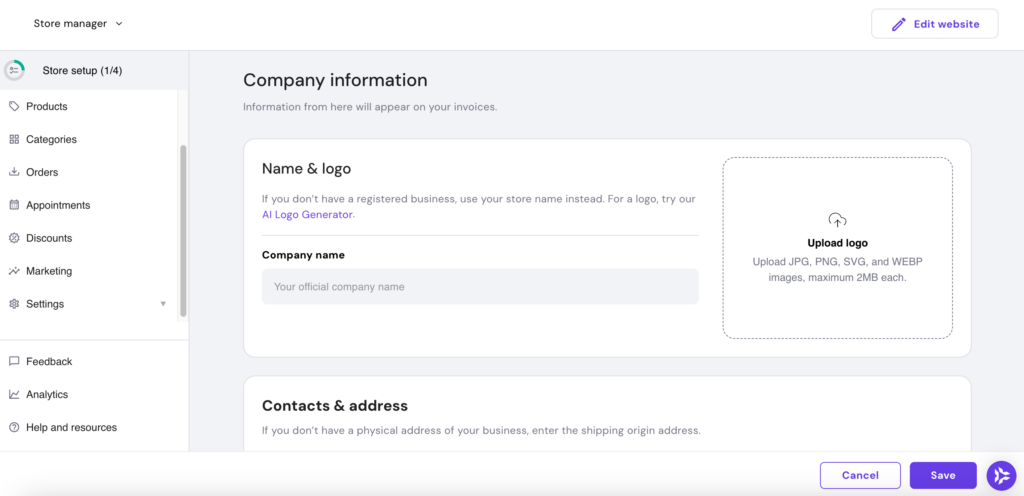 hostinger website builder online store settings company information page