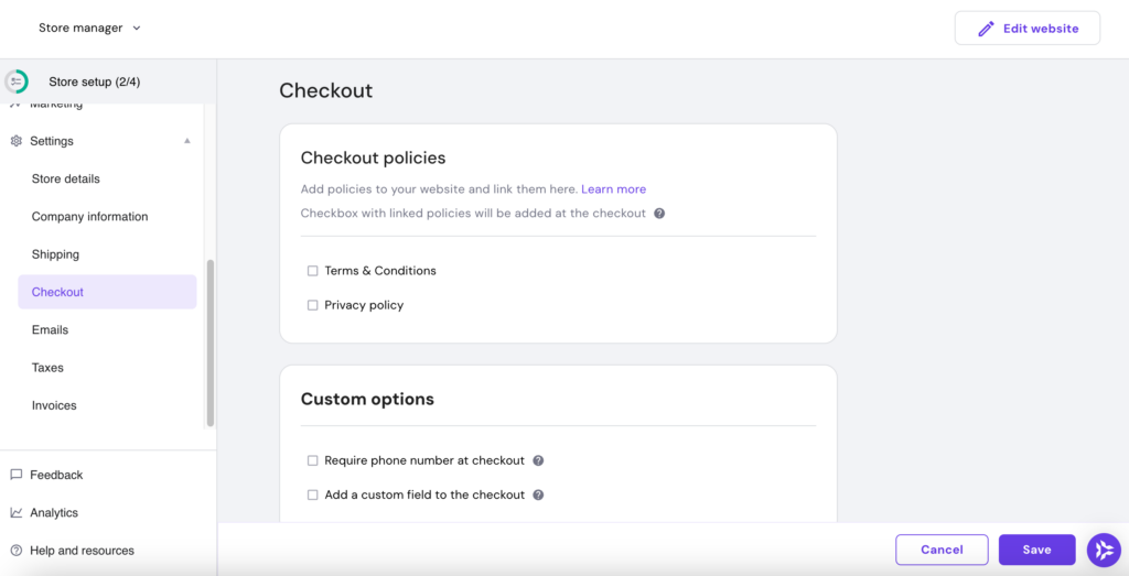 Hostinger Website Builder store manager store settings checkout settings page