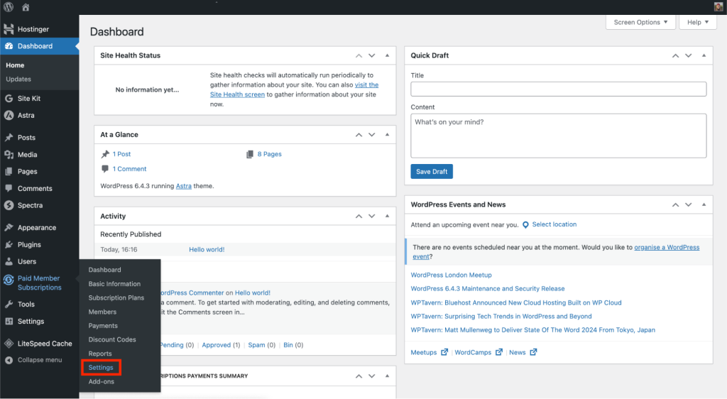 WordPress dashboard with Paid Member Subscriptions plugin's settings option highlighted