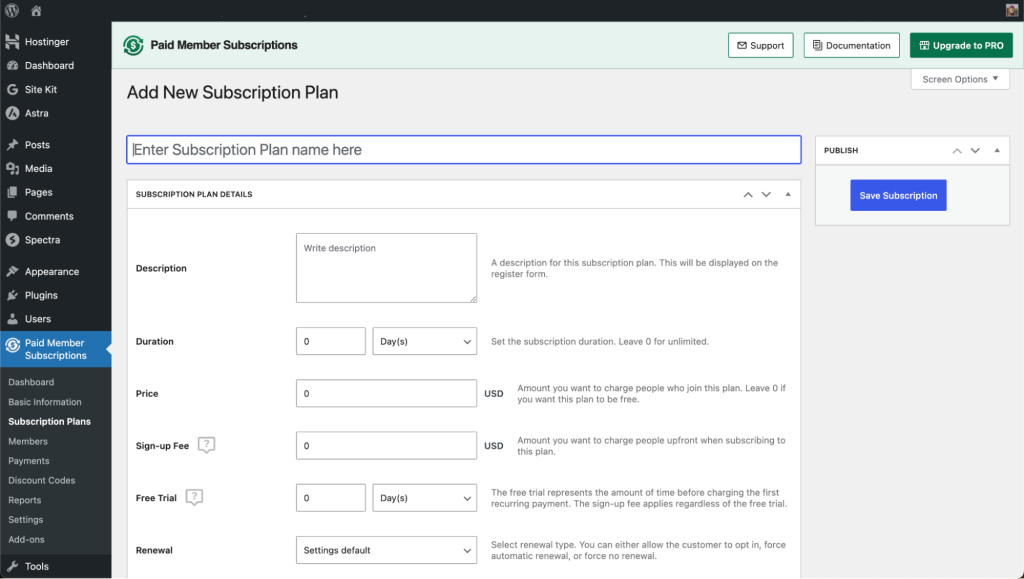 Add new subscription plan page overview