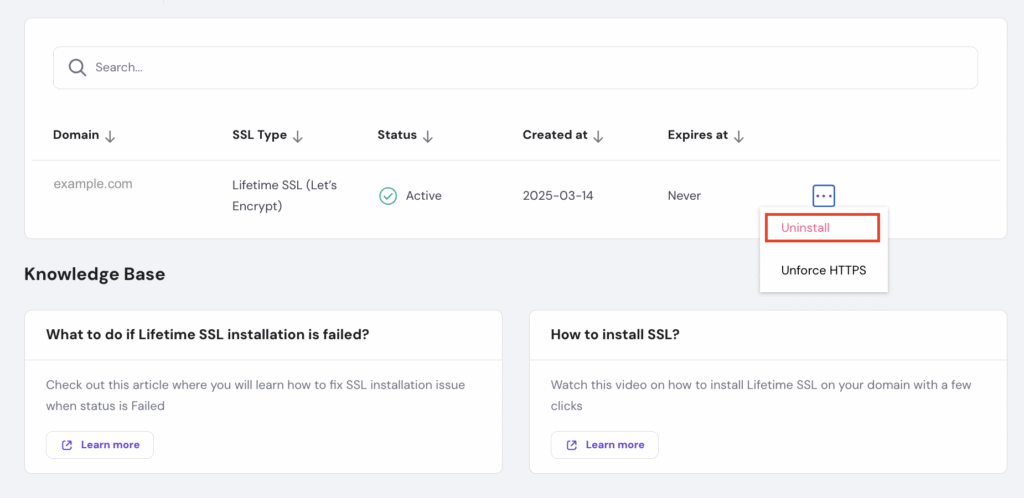 The Uninstall SSL certificate button on hPanel