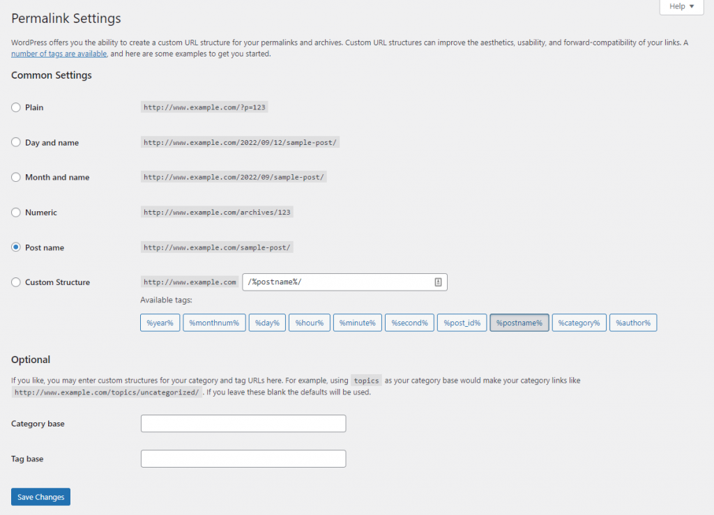 WordPress permalink settings