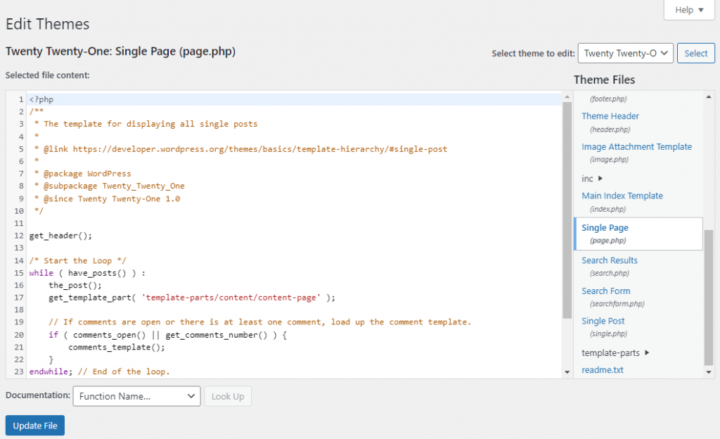 WordPress theme file editor with the single page template selected for editing