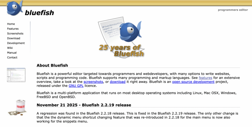 The Bluefish HTML editor website