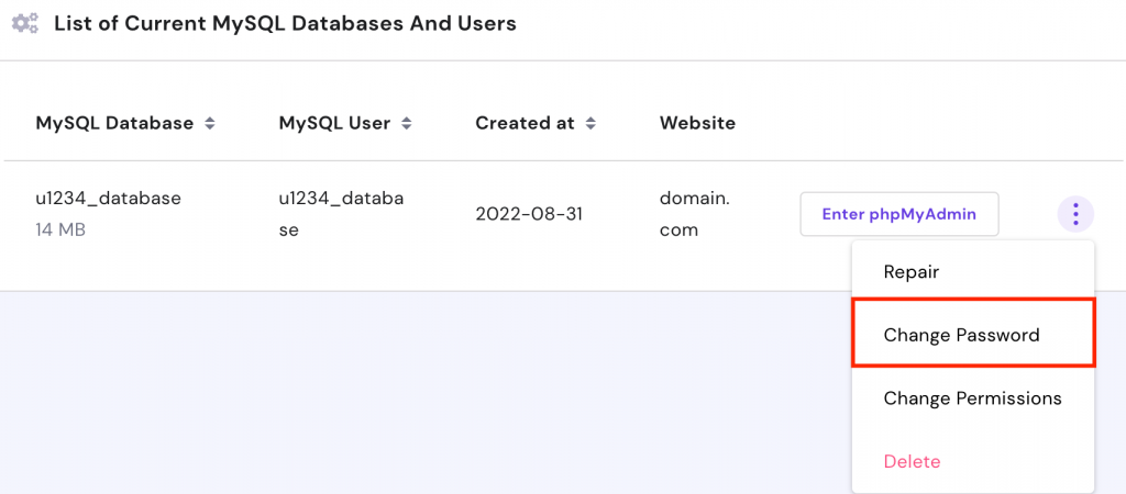 MySQL database on hPanel: change password option
