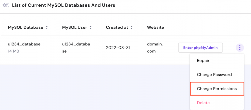 User permissions of the WordPress database in hPanel