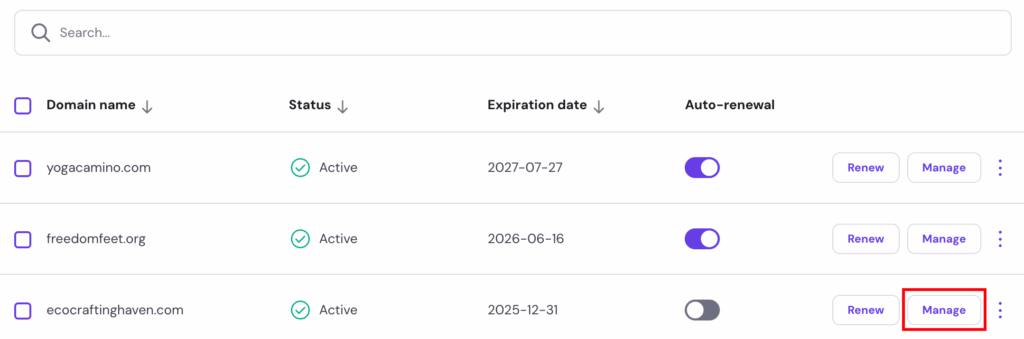Domain portfolio panel within hPanel