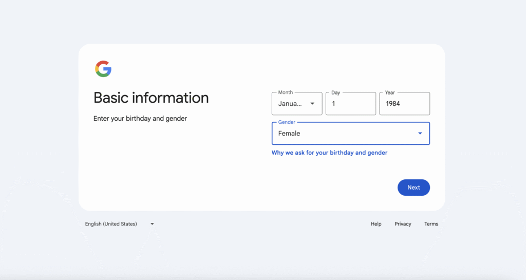 Birthday and gender information field in Gmail account creation page
